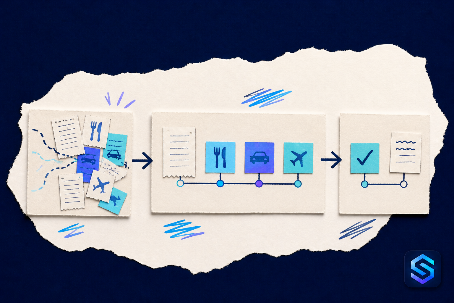 Handcrafted torn-paper illustration about a better way to manage employee expenses