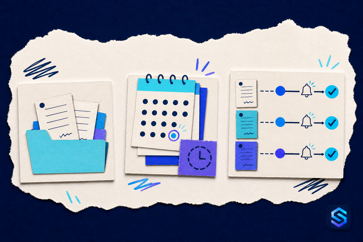 Illustration artisanale en papier déchiré sur le thème « ne plus découvrir les échéances de contrats trop tard »
