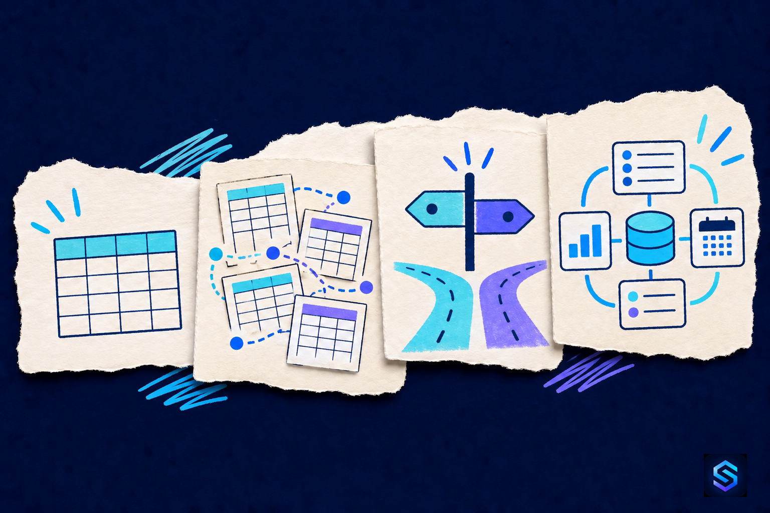 Illustration en papier déchiré comparant un tableur simple à des dossiers d’entreprise reliés