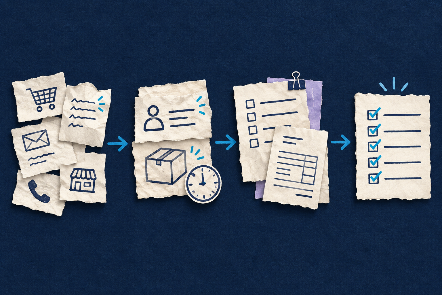 Torn-paper collage showing scattered notes becoming an organized checklist of everyday business tasks