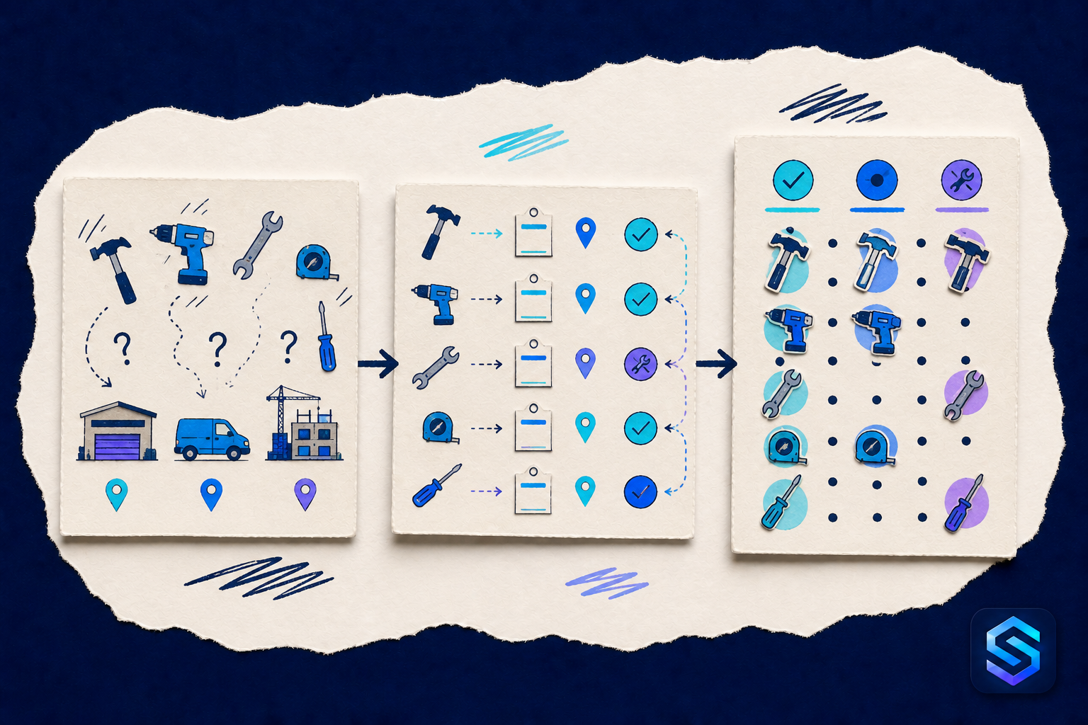 Handcrafted torn-paper illustration about know who has every tool