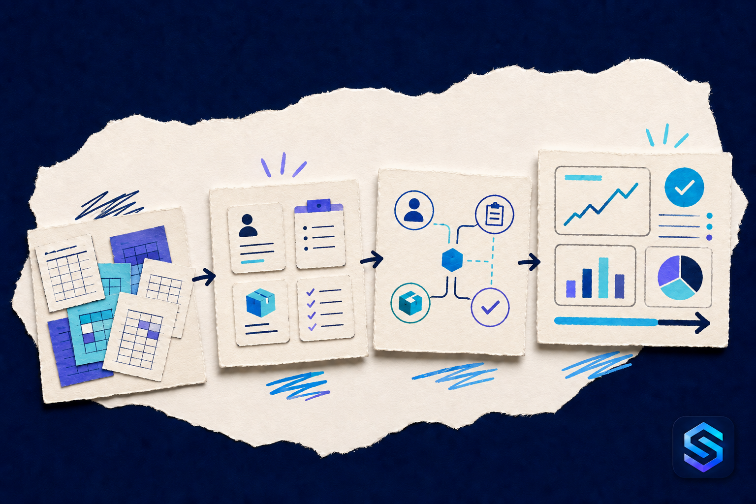Torn-paper illustration showing scattered Excel files becoming a connected business management system