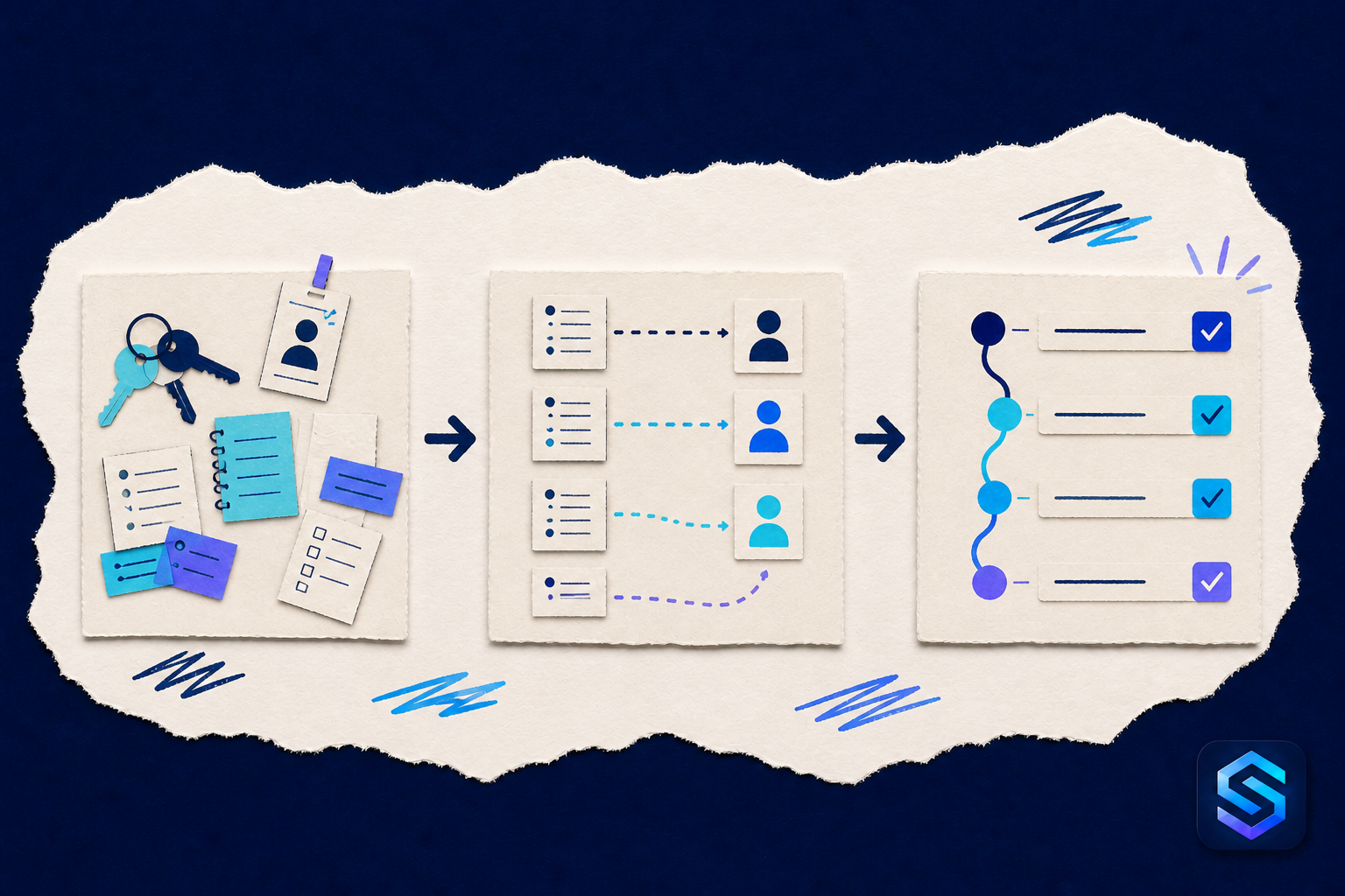 Handcrafted torn-paper illustration about onboard new employees without improvising