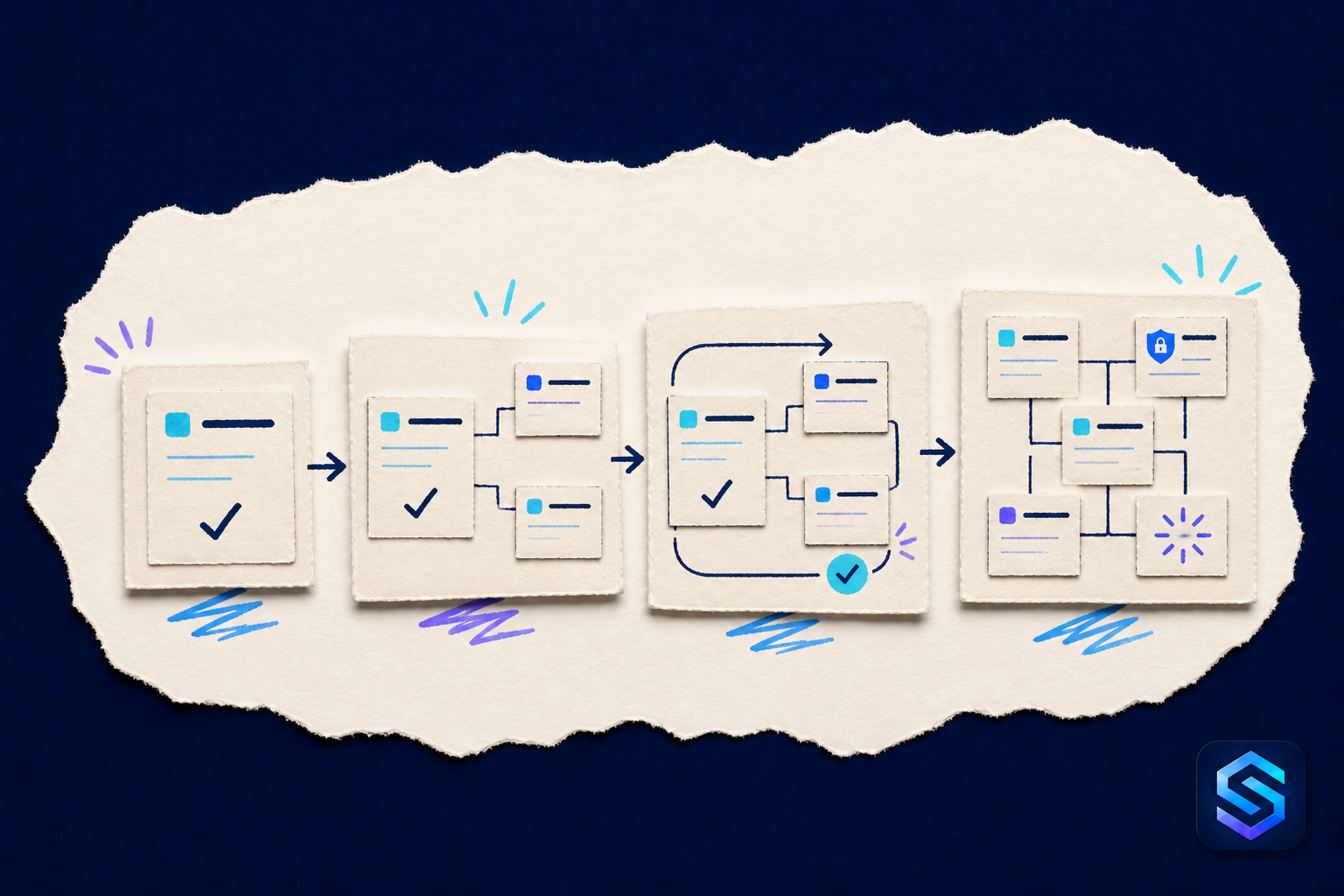 Illustration artisanale montrant un module ciblé qui évolue pour former un système d’entreprise connecté