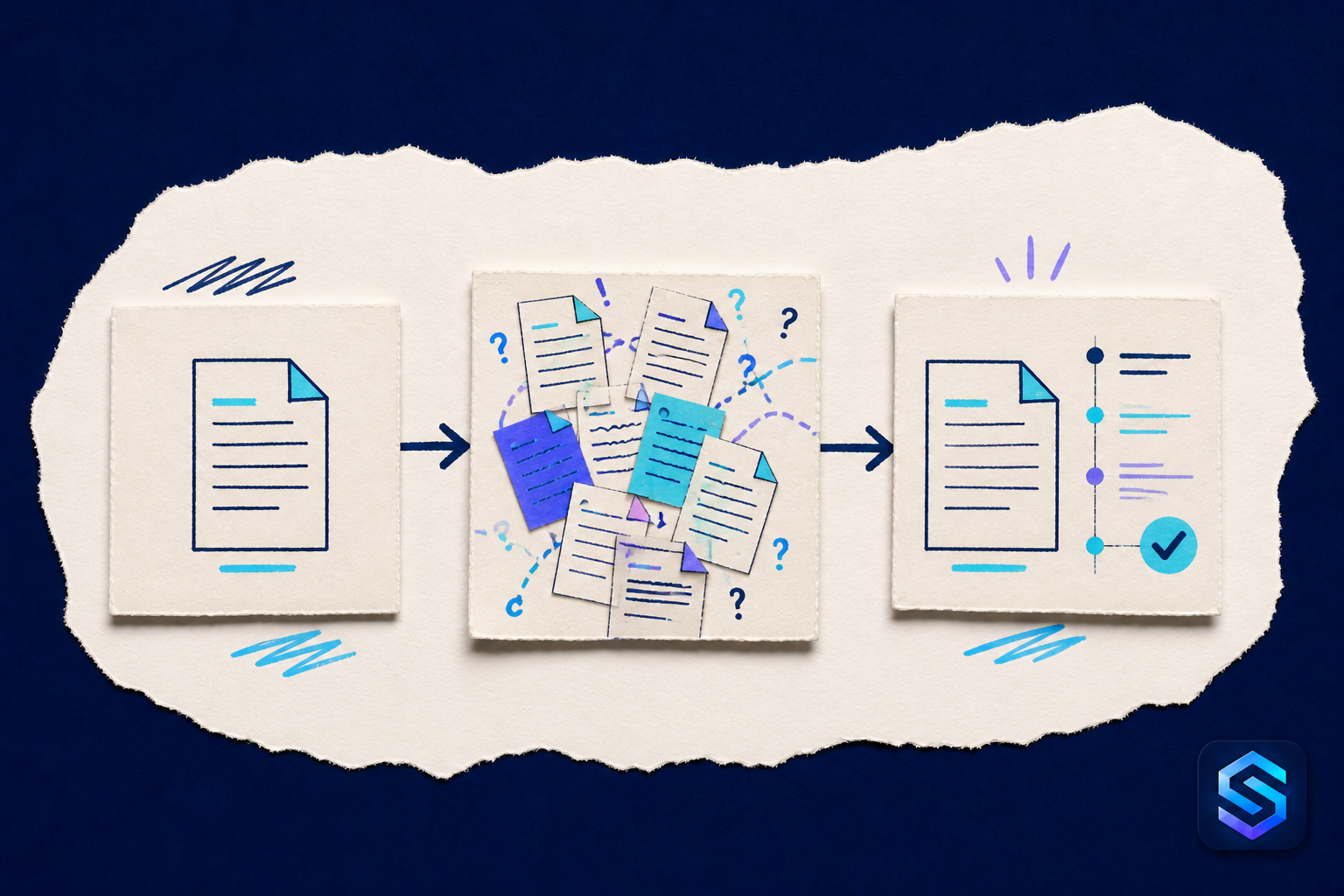 Illustration artisanale en papier déchiré sur le thème « mettre fin au casse-tête des versions de fichiers »