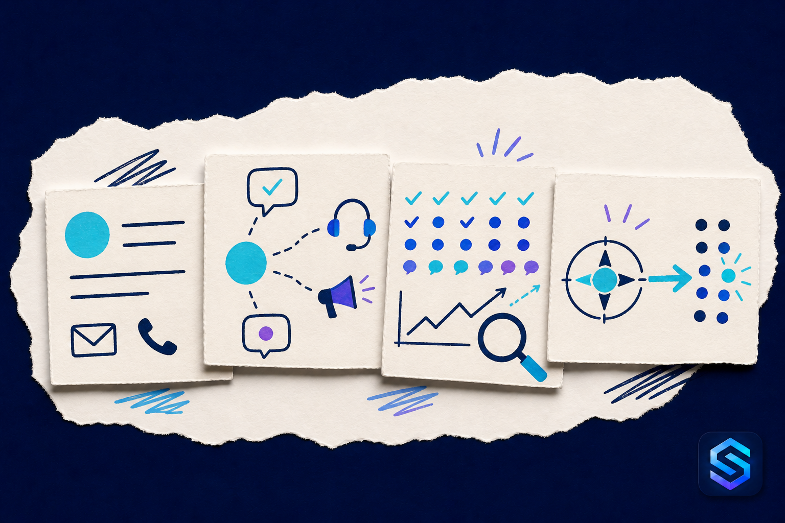 Illustration artisanale montrant des conversations avec les clients qui deviennent des connaissances partagées dans l’entreprise