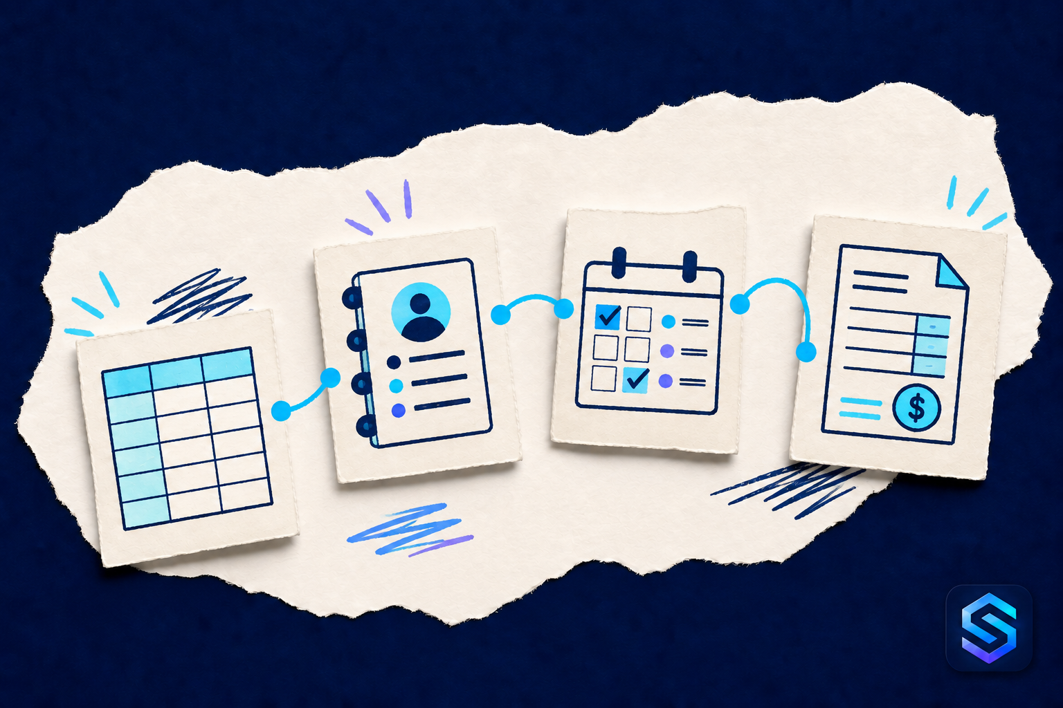Torn-paper illustration showing a spreadsheet becoming connected customer, project, and invoice records on a navy background.