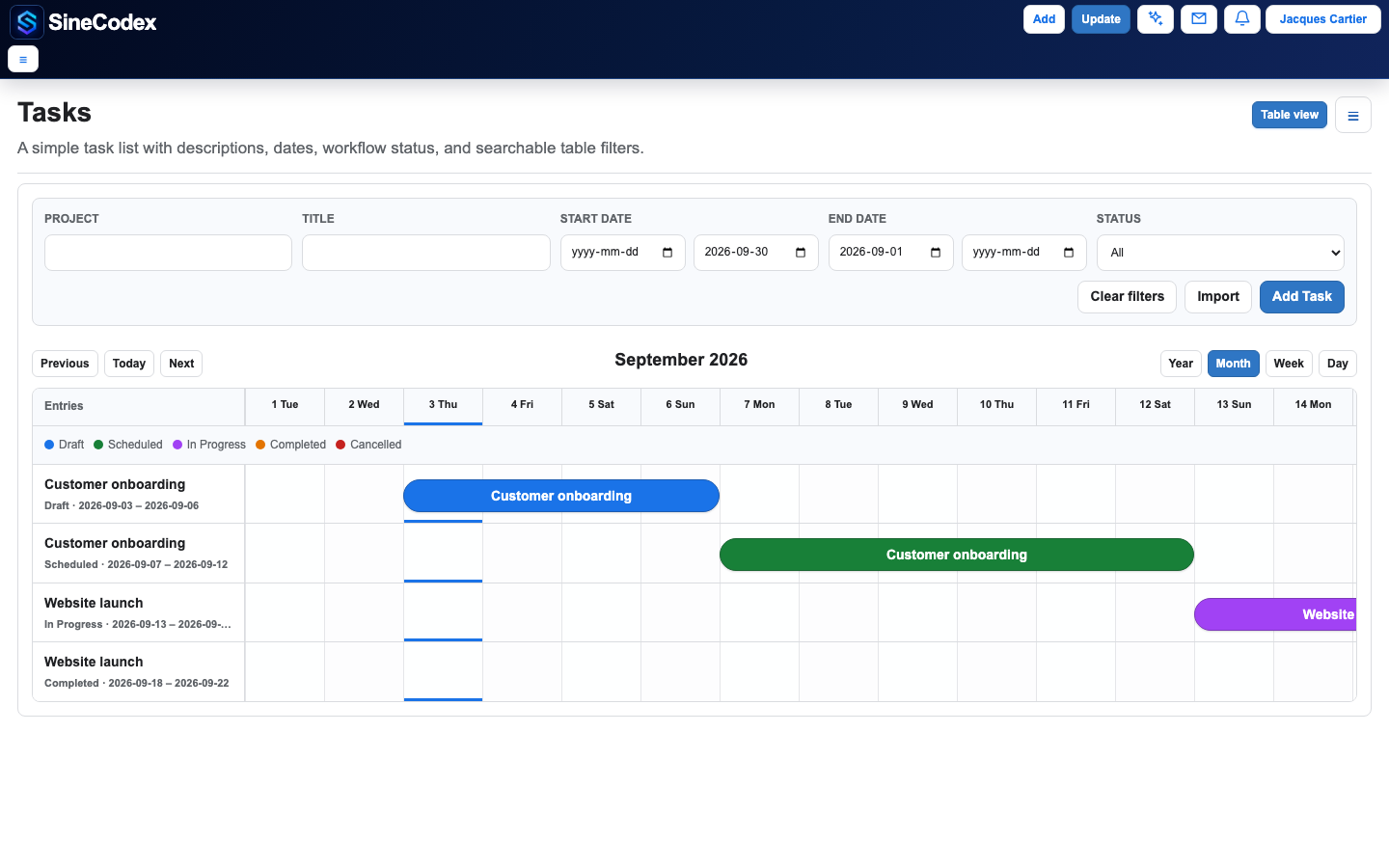 Vue Gantt de SineCodex présentant l’accueil d’un client et le lancement d’un site Web en septembre 2026