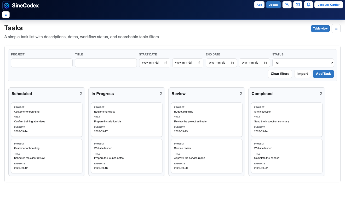 Vue Kanban de SineCodex présentant des tâches planifiées, en cours, en révision et terminées avec des données de démonstration réalistes