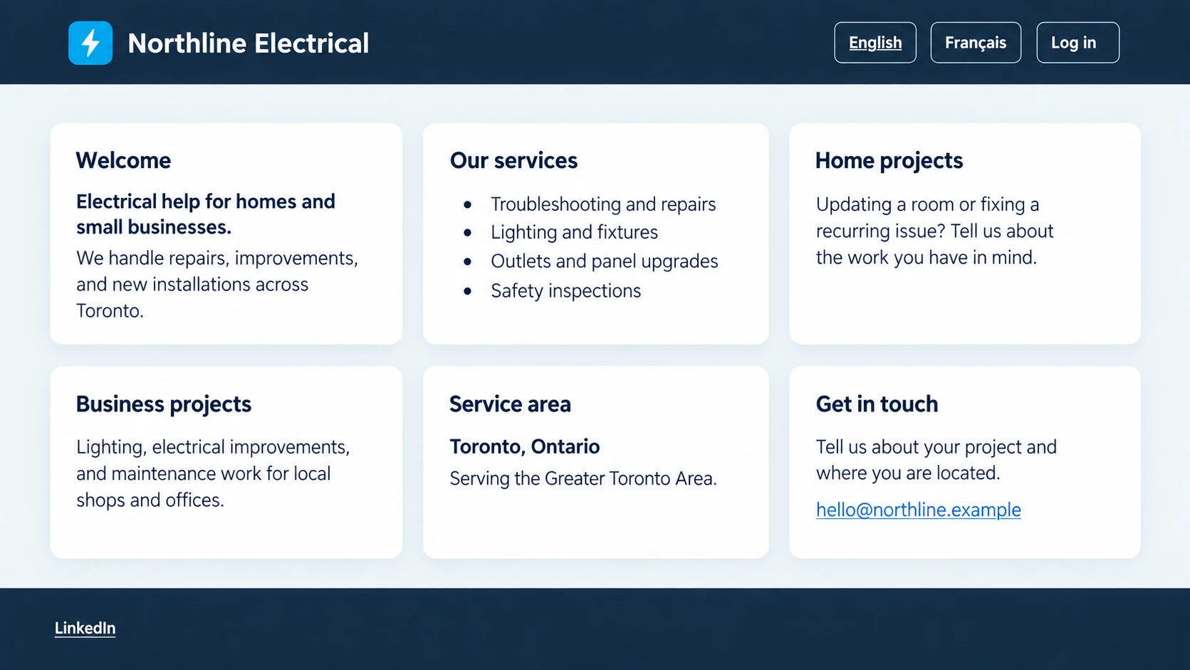 Exemple illustratif de page d’accueil d’une entreprise d’électricité avec logo et six cartes montrant du texte en gras, une liste de services, l’emplacement et un lien de contact
